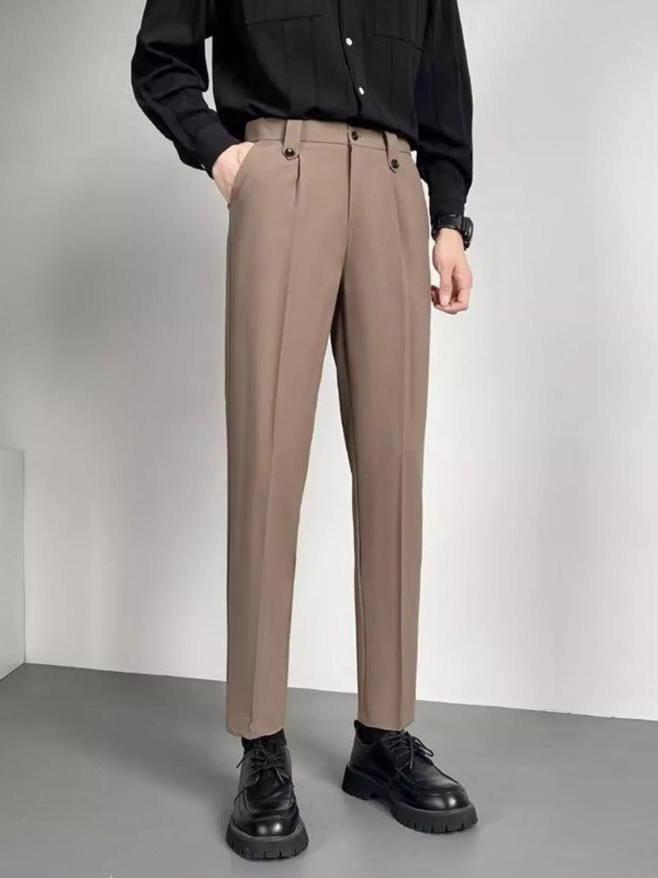 ankle length dress pants Inspire Chic Men's Cropped Slim Fit Flat Front Ankle-Length Pants 30 Bright Black Fashionable solid color skinny dress pants for businessmen Super High Waisted Pleated Ankle