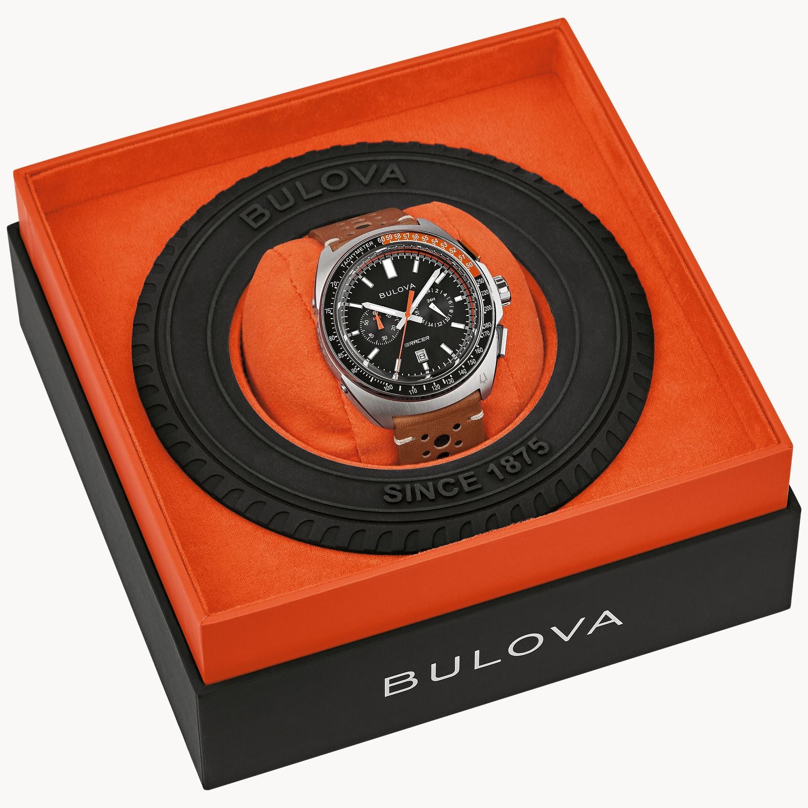 NEW Bulova Black Dial Leather Strap Racer Chronograph 98B427 Men's Watch 100M