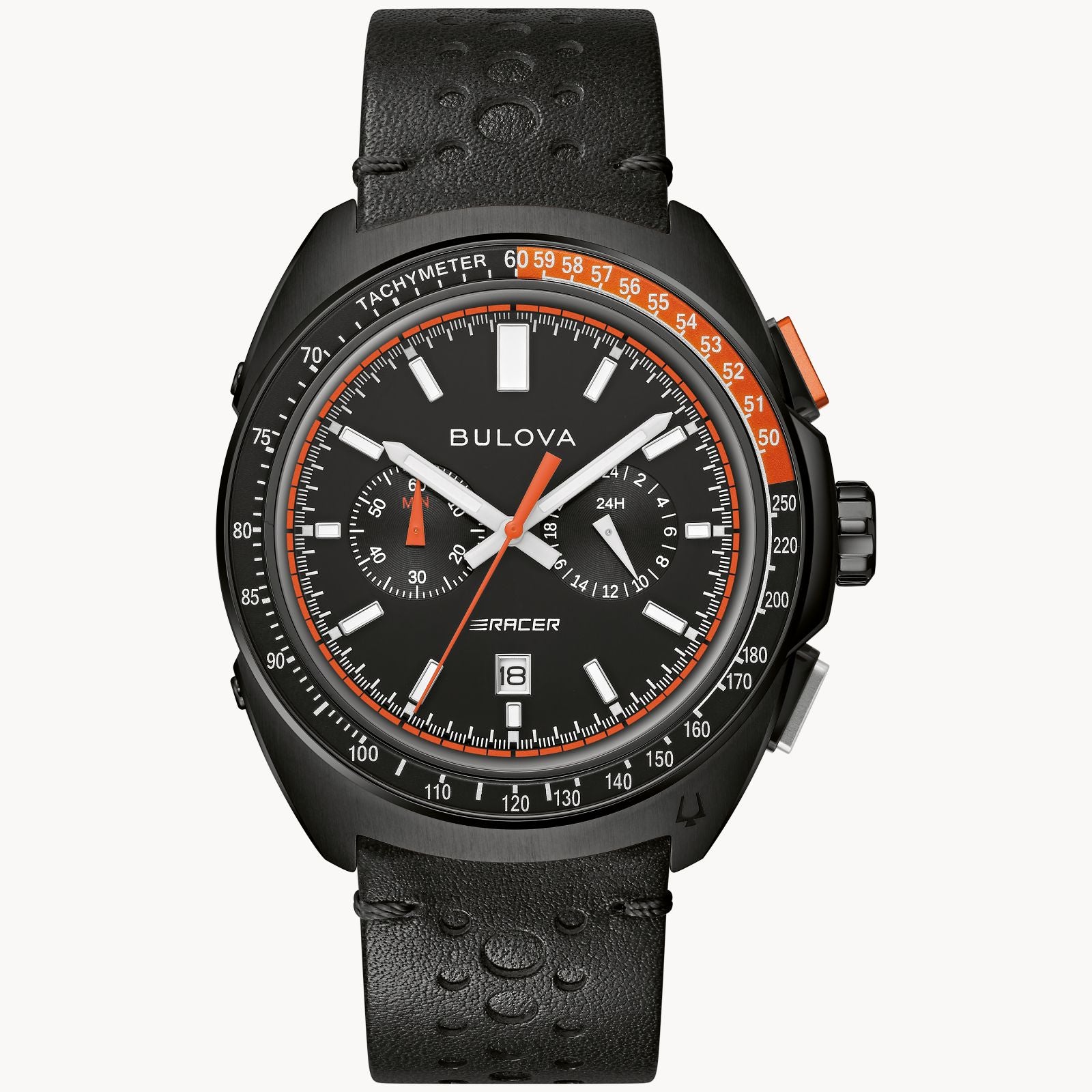 NEW Bulova Black Dial Leather Strap Racer Chronograph 98B428 Men's Watch 100M