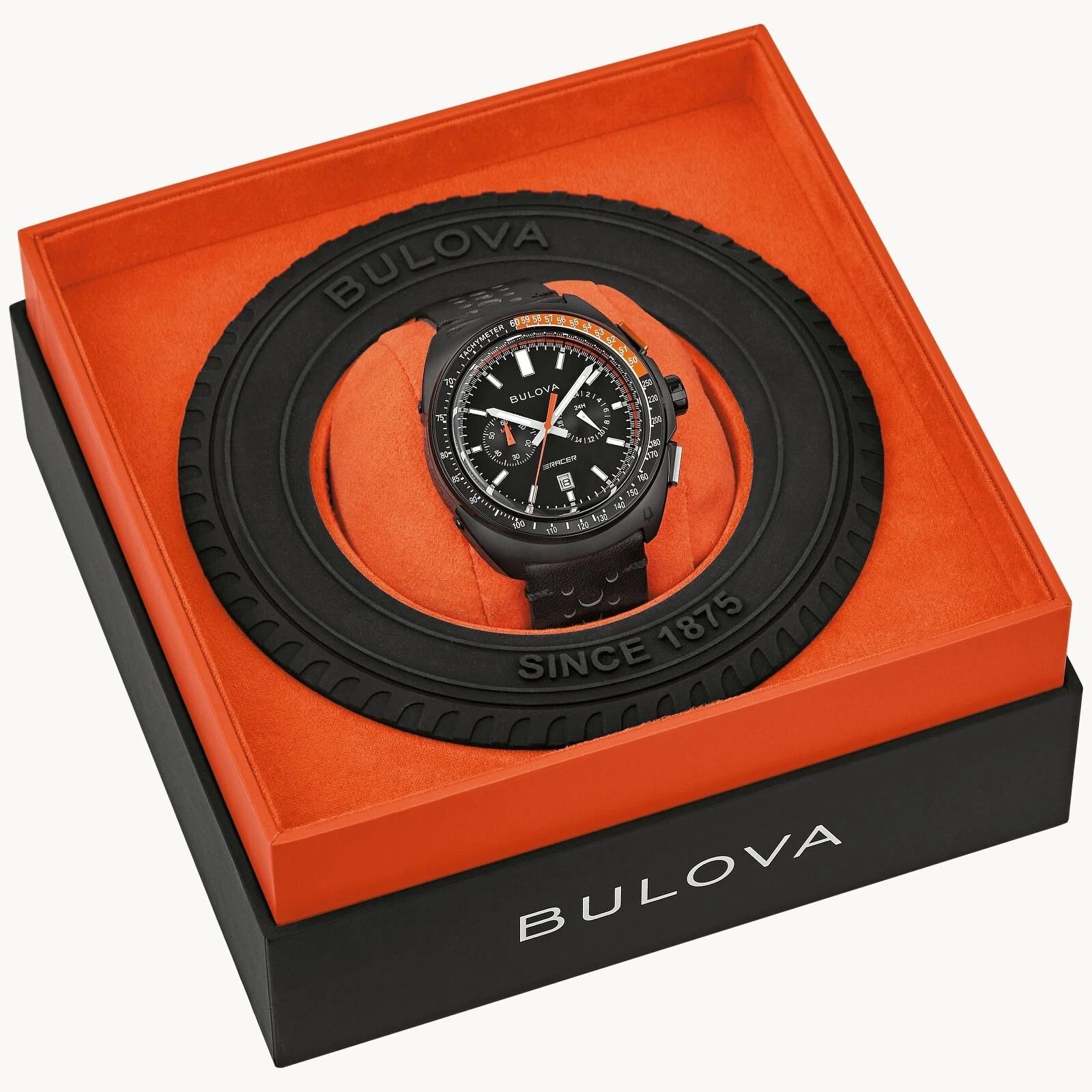 NEW Bulova Black Dial Leather Strap Racer Chronograph 98B428 Men's Watch 100M