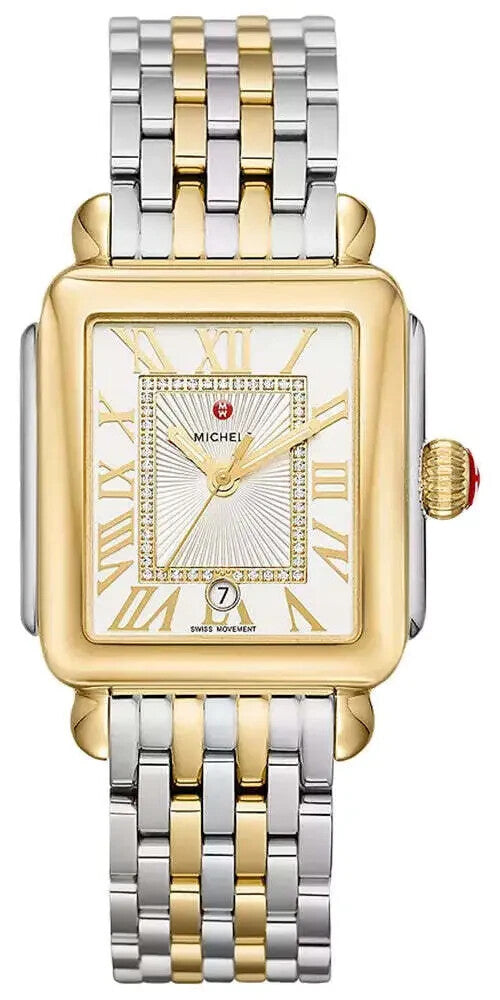 New Michele MWW06T000147 Deco Madison Two-Tone 18K Gold Diamond Dial Watch