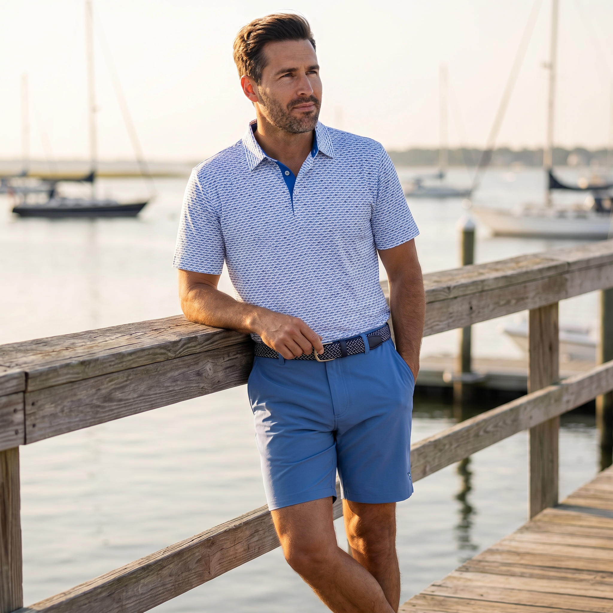 Polo de atún de alto rendimiento, azul claro y azul marino