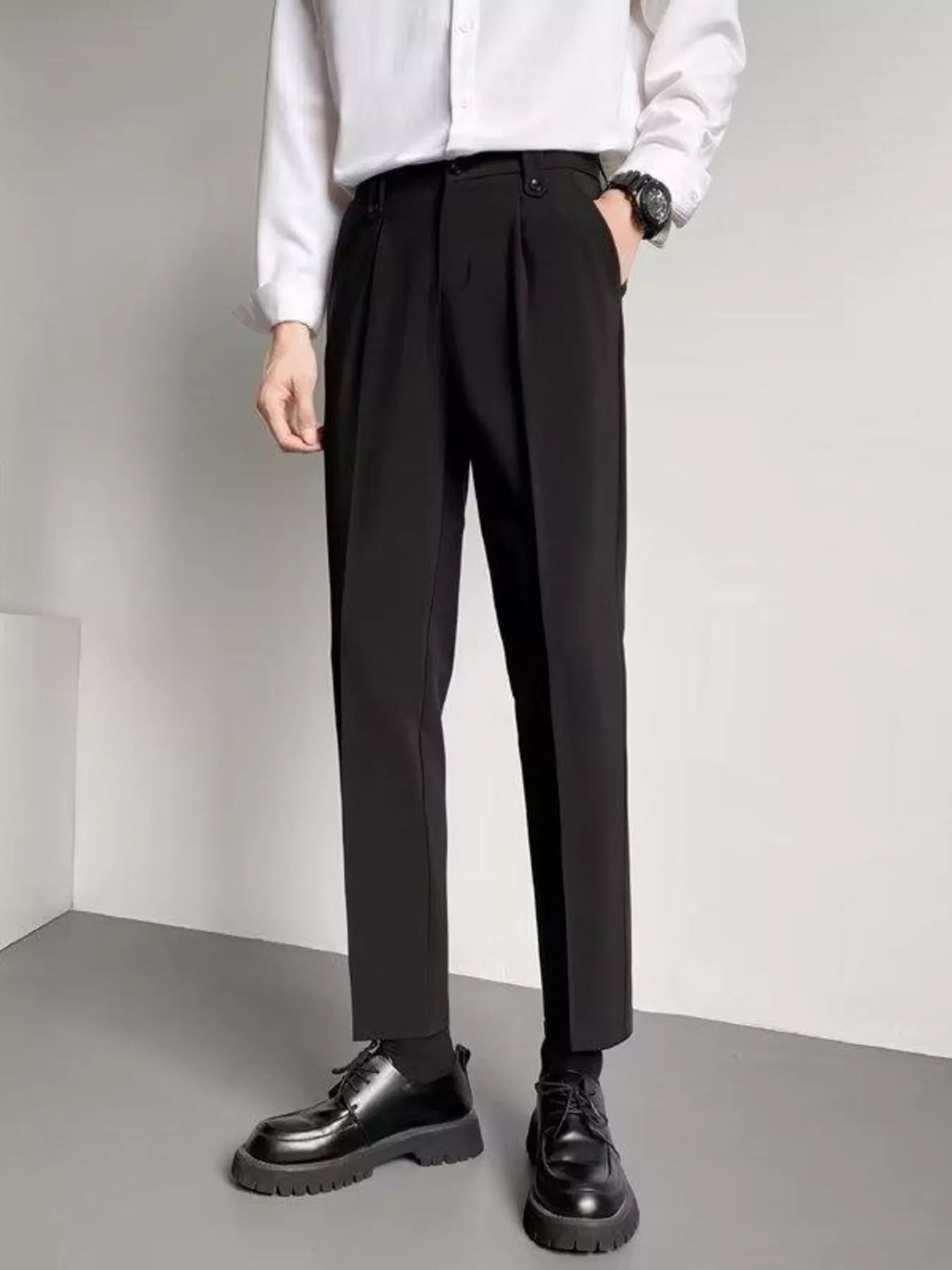 mens ankle length dress pants Flat-Front Cropped Trousers in Black